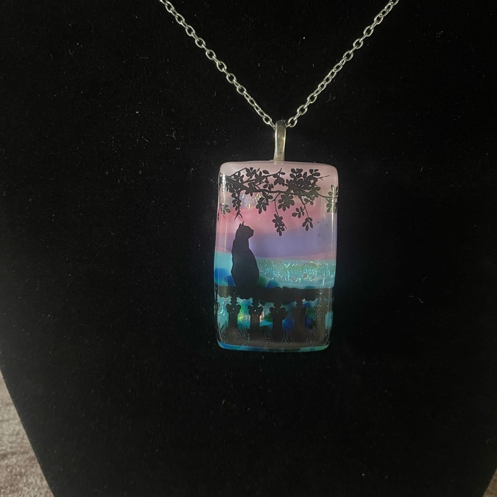 Cat Silhouette Glass Pendant Necklace